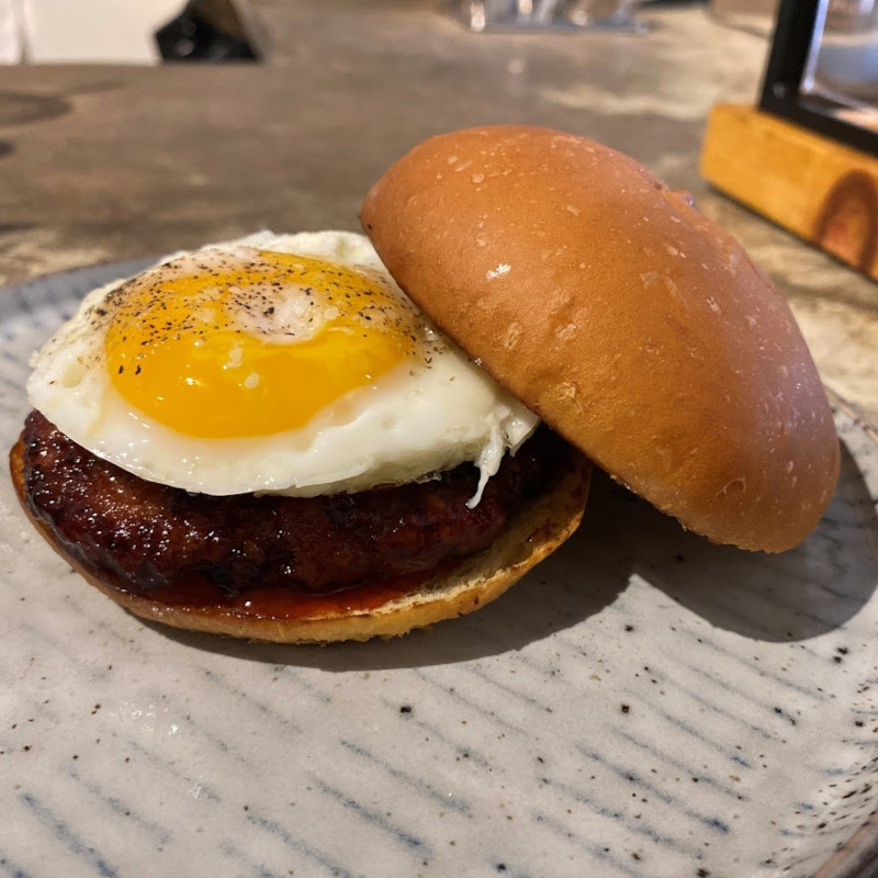 Burger with ,eat and eggs